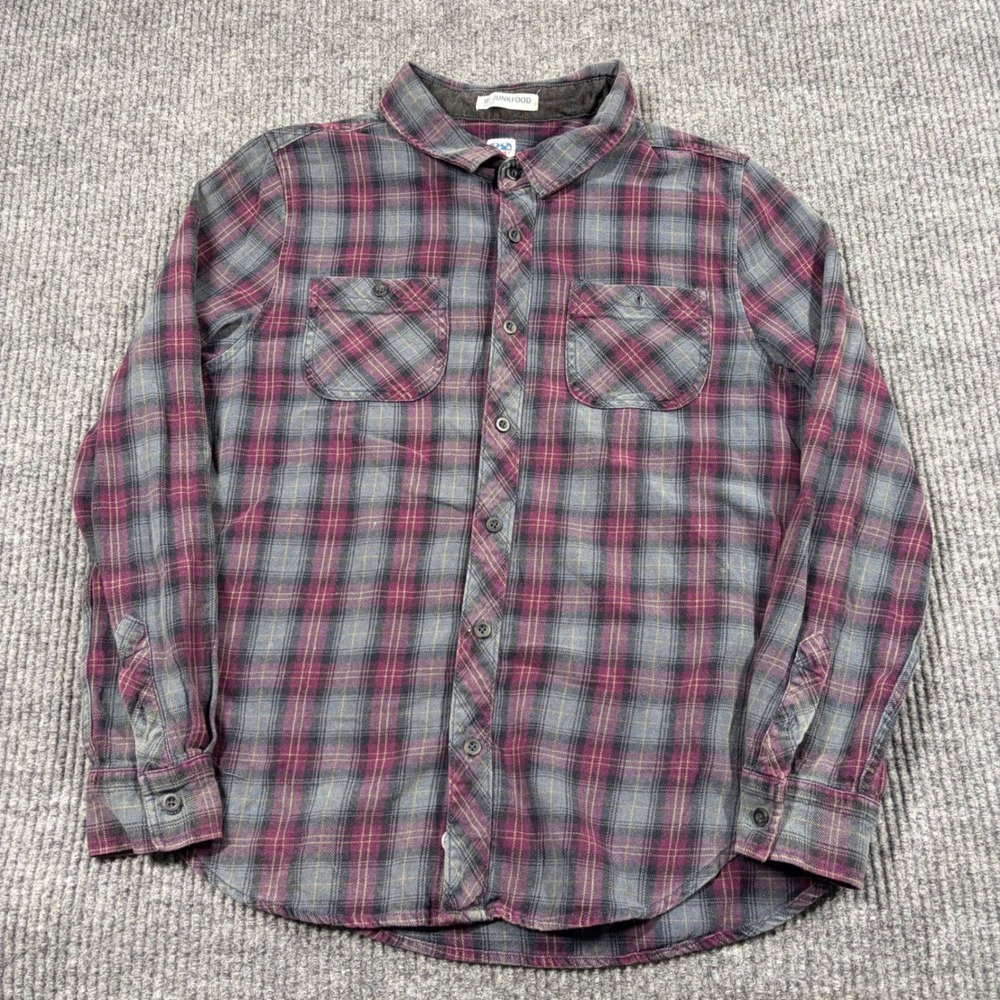 By Junkfood Shirt Mens M Flannel Purple Gray Plaid Long Sleeve Button Down